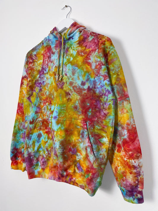 S | Ice Dye Rainbow Pink Multicolour Hand Dyed Pullover Hoodie