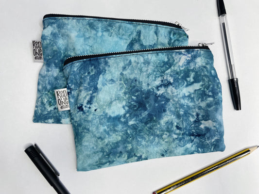 Handmade Ice Dye Zip Pouch | Ocean Blue Ice Dyed Pencil Case Make-up Pouch