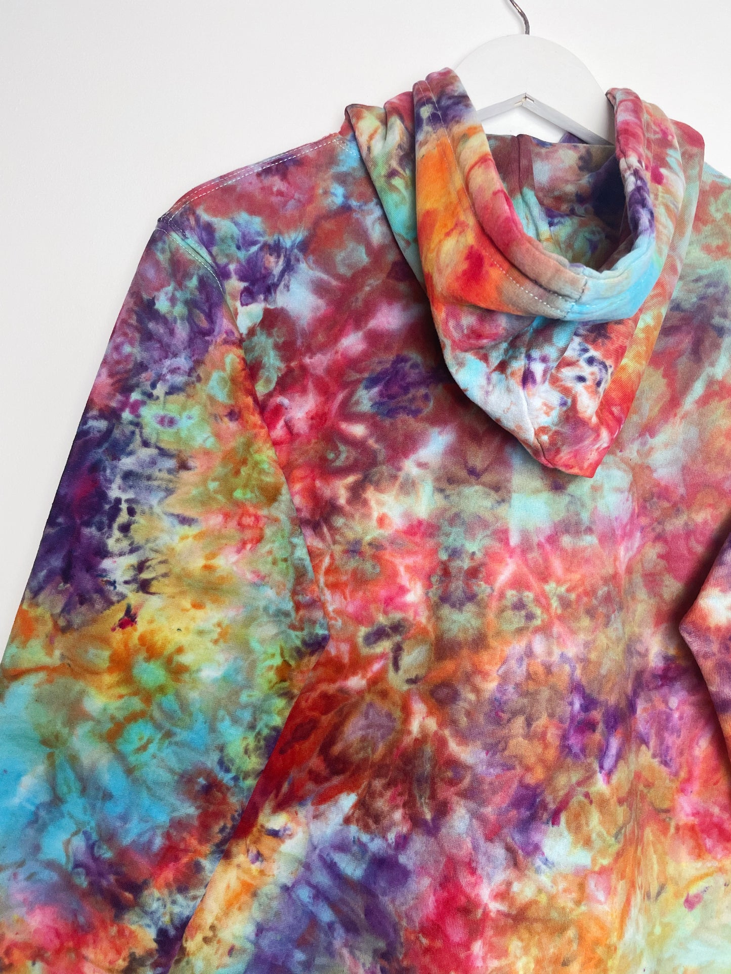 S | Ice Dye Rainbow Pink Multicolour Hand Dyed Pullover Hoodie