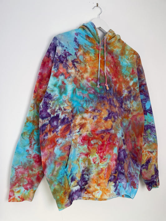 L | Ice Dye Rainbow Pink Multicolour Hand Dyed Pullover Hoodie