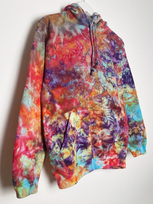 S | Ice Dye Rainbow Pink Multicolour Hand Dyed Pullover Hoodie