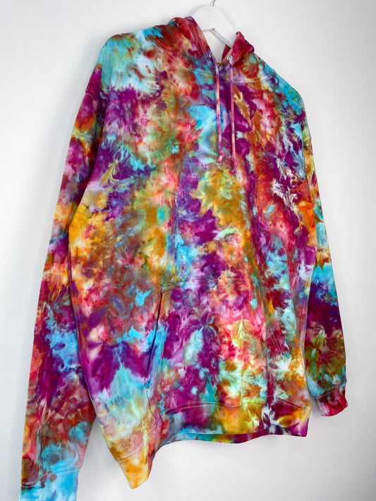L | Ice Dye Rainbow Pink Multicolour Hand Dyed Pullover Hoodie