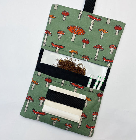 Handmade Tobacco Pouch | Green Mushroom Print Tobacco Storage Holder