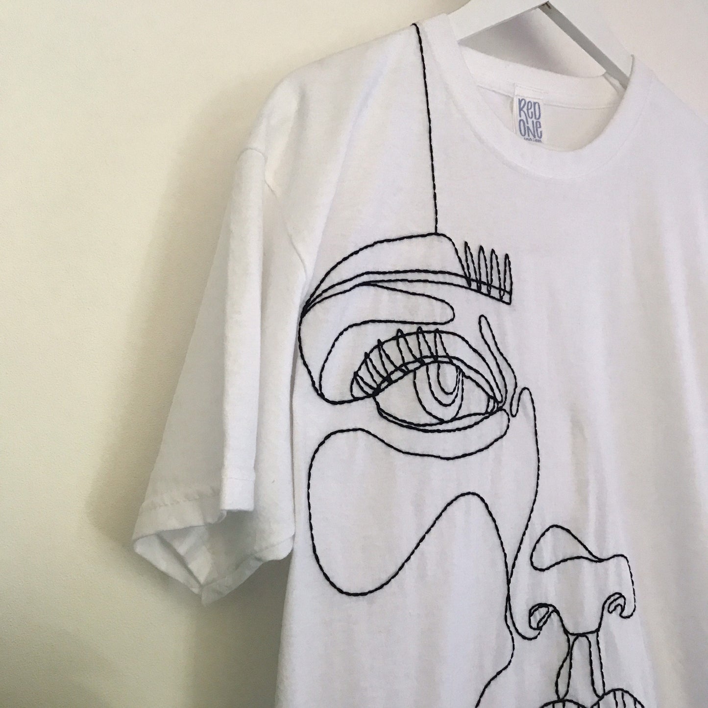 Hand Embroidered Abstract Face Line Art T-Shirt