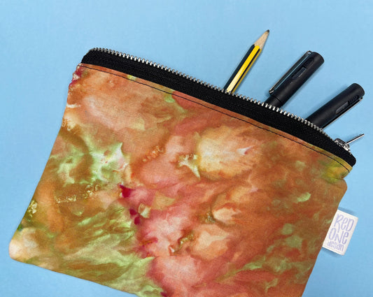 Handmade Ice Dye Zip Pouch | Orange and Green Pencil Case | Ice Dyed Make-up Pouch