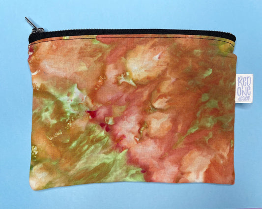 Handmade Ice Dye Zip Pouch | Orange and Green Pencil Case | Ice Dyed Make-up Pouch