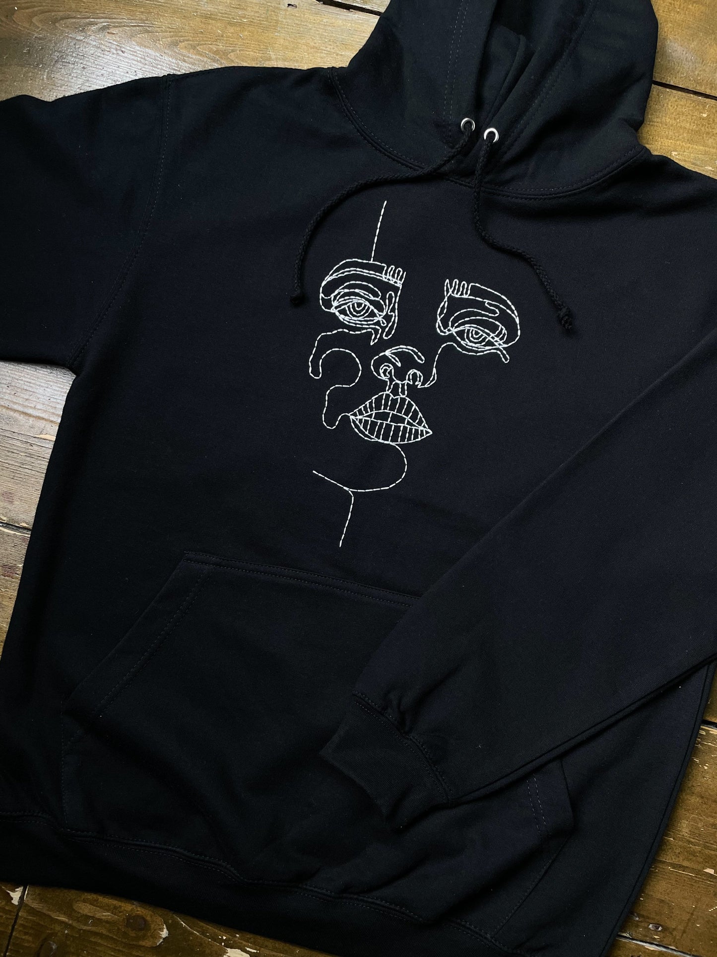 Hand Embroidered Abstract Face Pullover Hoodie