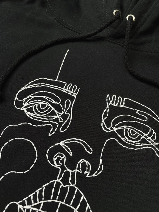 Hand Embroidered Abstract Face Pullover Hoodie
