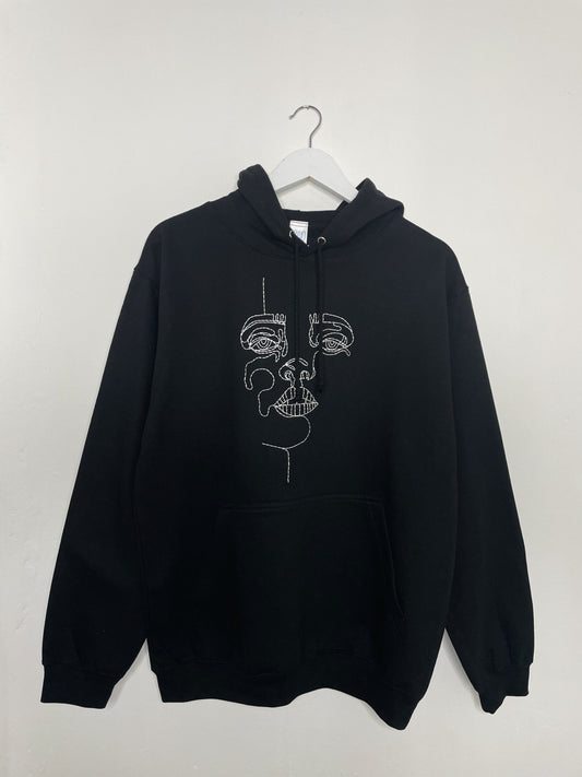 Hand Embroidered Abstract Face Pullover Hoodie