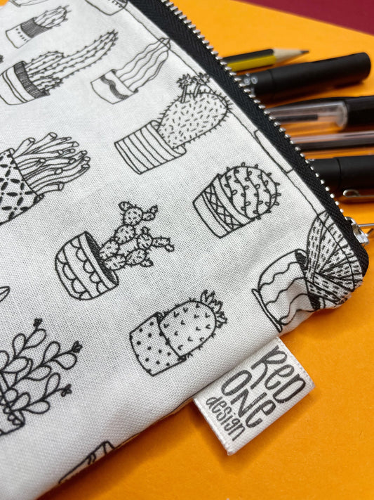White Cacti Handmade Zip Pouch | Cactus Lineart Pencil Case