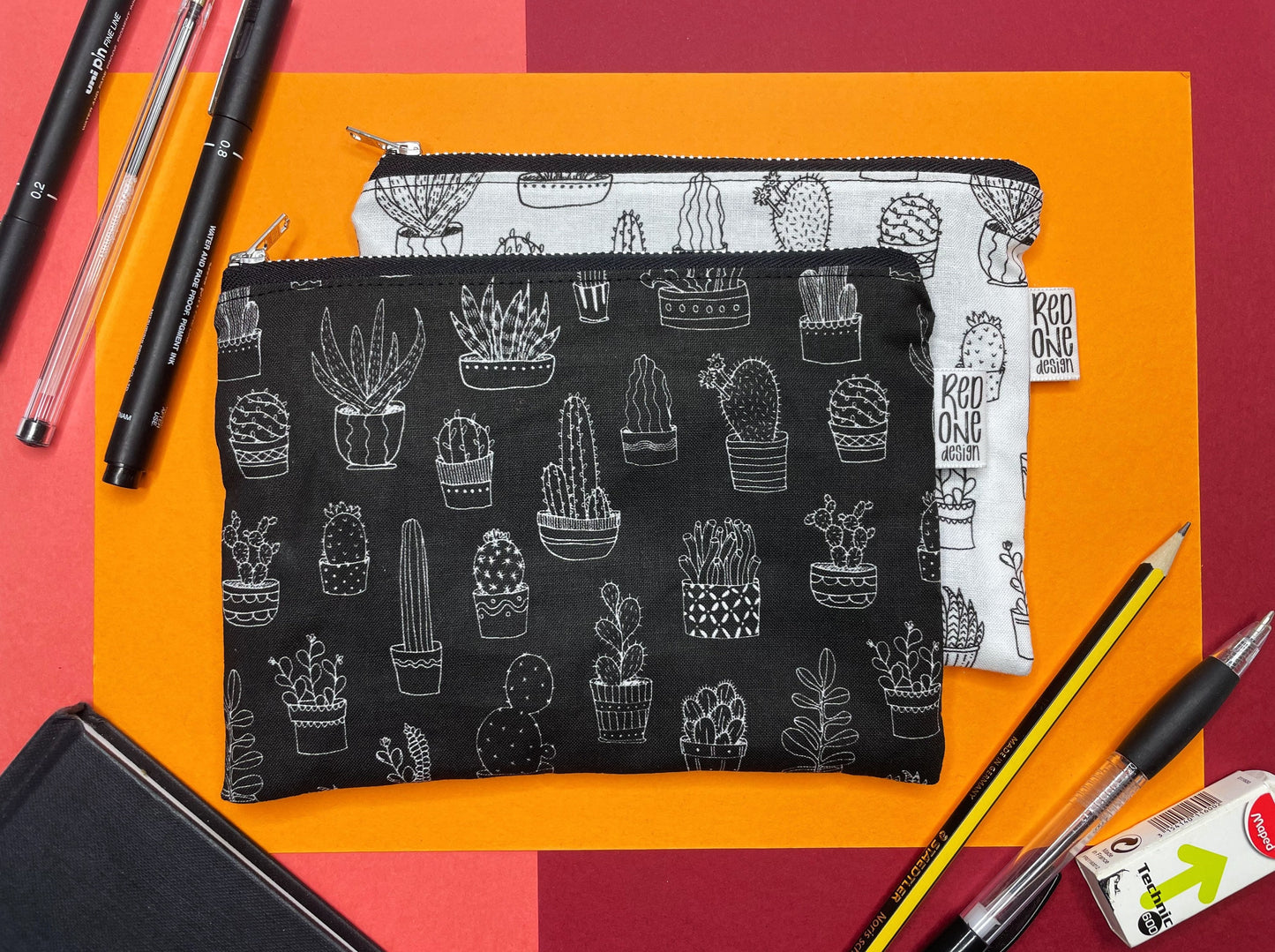 White Cacti Handmade Zip Pouch | Cactus Lineart Pencil Case