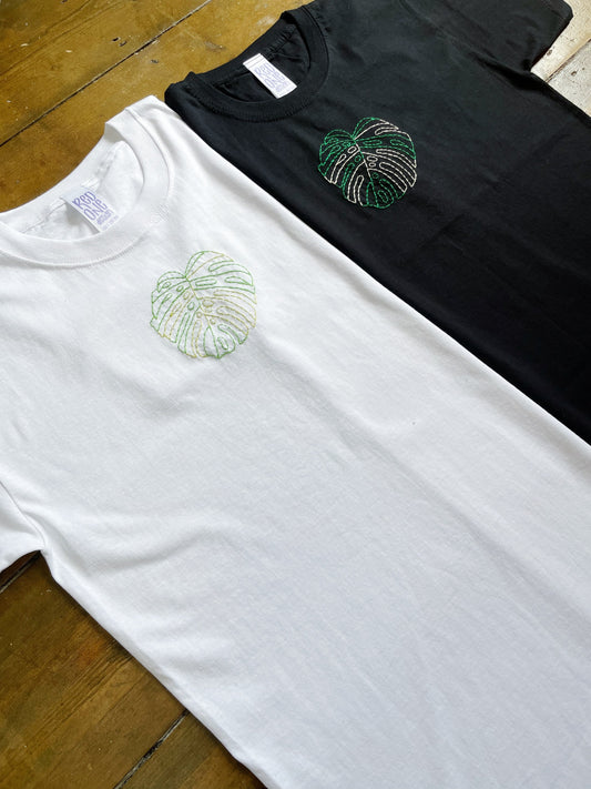 Hand Embroidered Variegated Monstera Plant T-Shirt