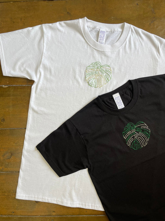 Hand Embroidered Variegated Monstera Plant T-Shirt