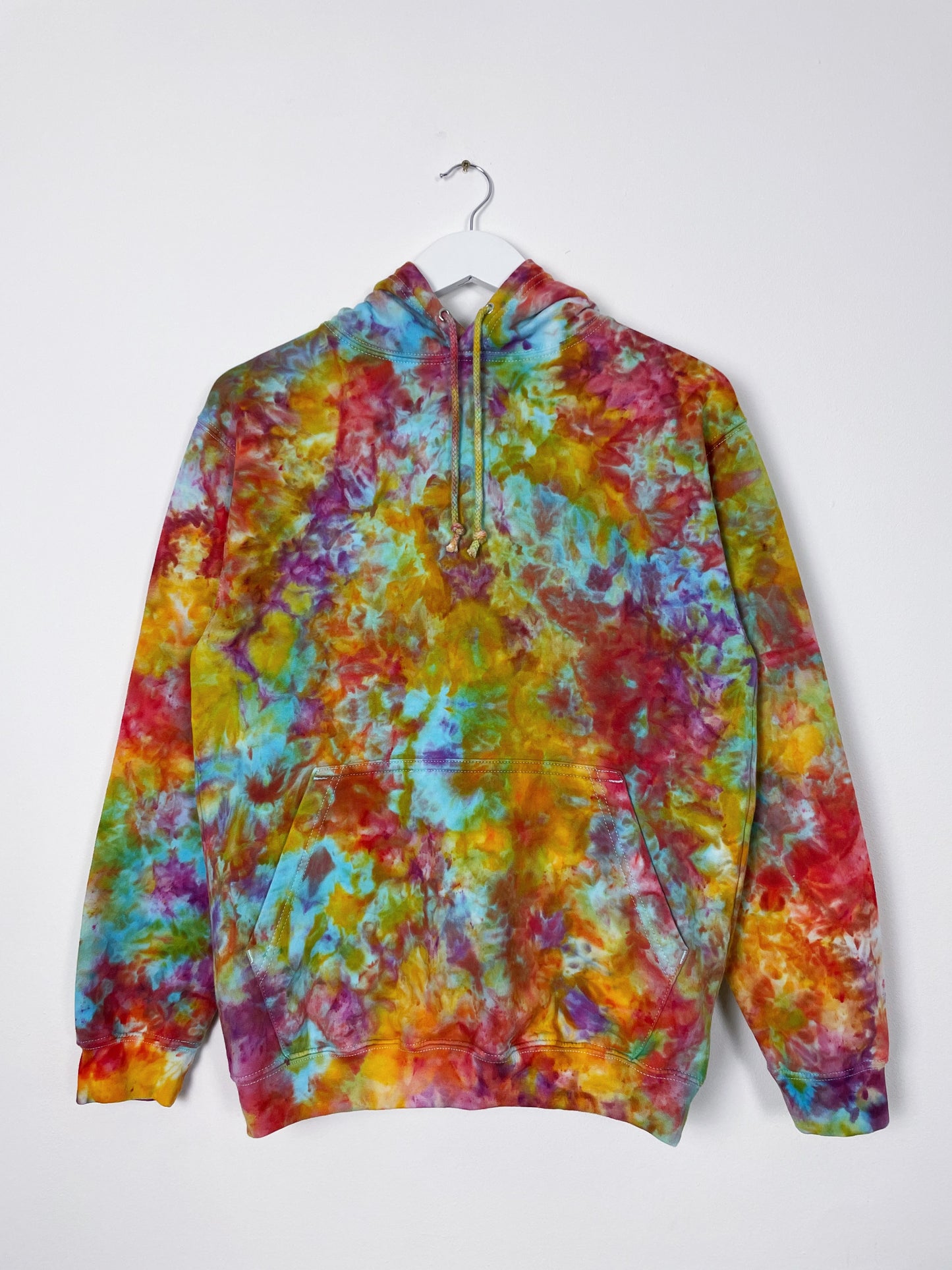 S | Ice Dye Rainbow Pink Multicolour Hand Dyed Pullover Hoodie