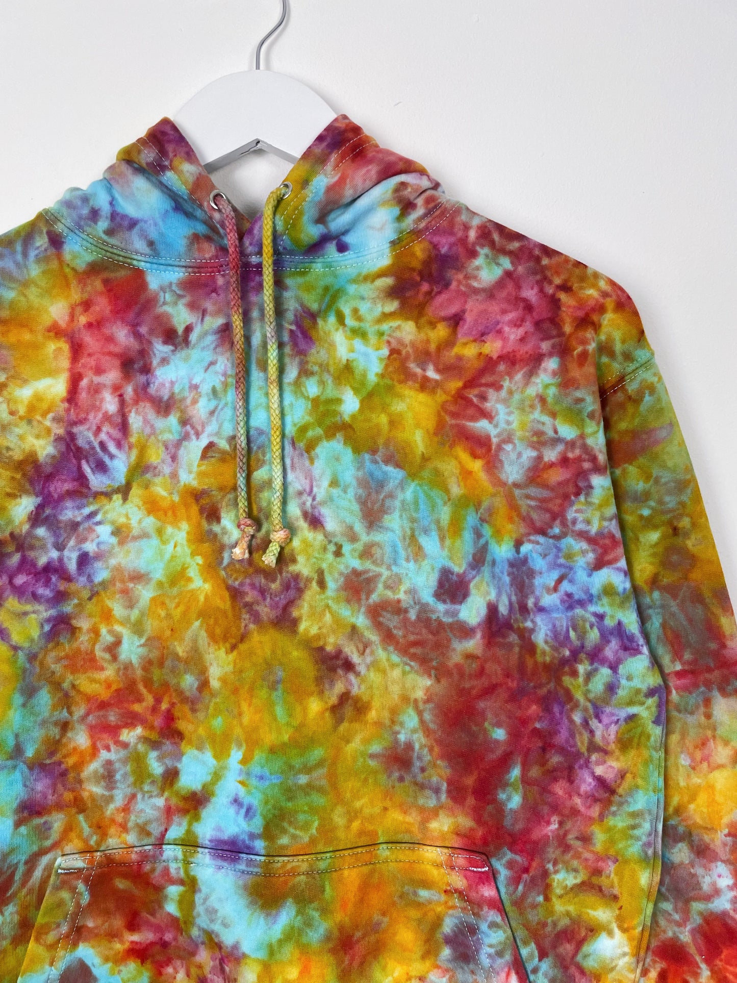 S | Ice Dye Rainbow Pink Multicolour Hand Dyed Pullover Hoodie