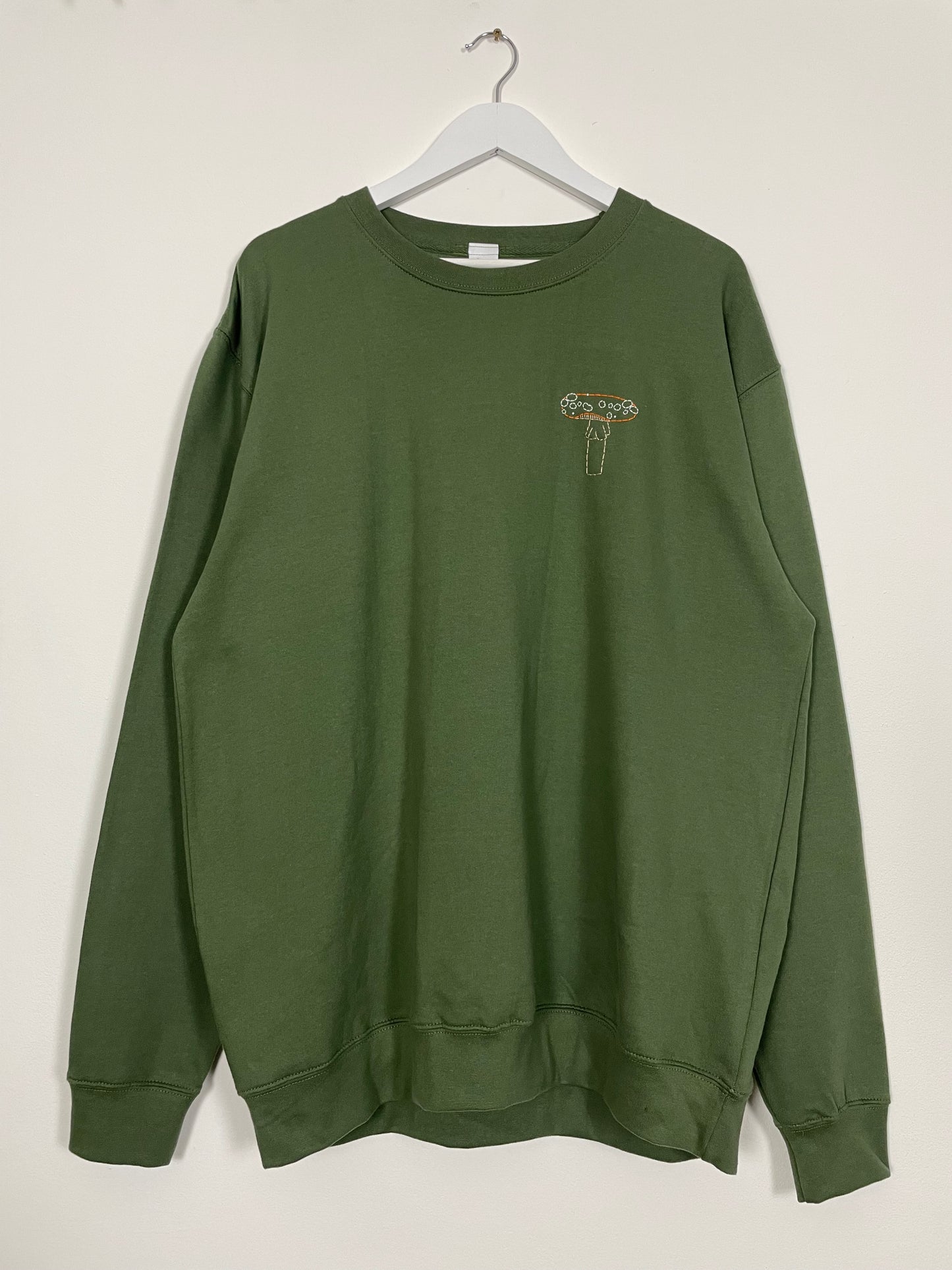 XL | Green Toadstool Mushroom Hand Embroidered Sweatshirt | Minor Fault