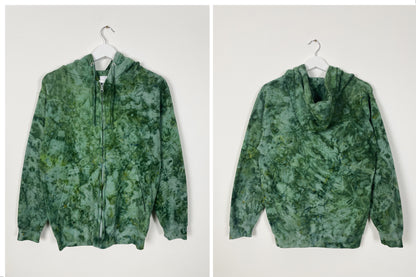 Ice Dye Dark Green Hand Dyed Zip Up Hoodie