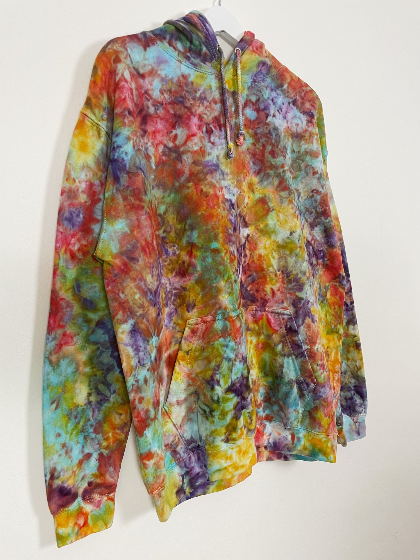 L | Ice Dye Rainbow Pink Multicolour Hand Dyed Pullover Hoodie