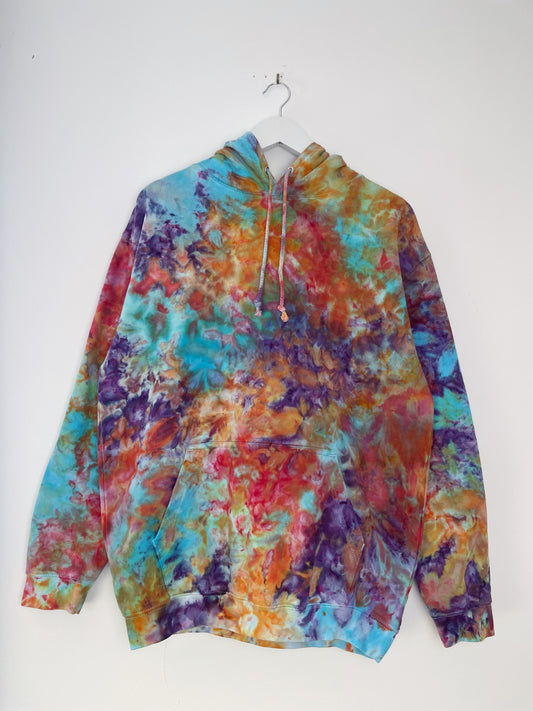 L | Ice Dye Rainbow Pink Multicolour Hand Dyed Pullover Hoodie
