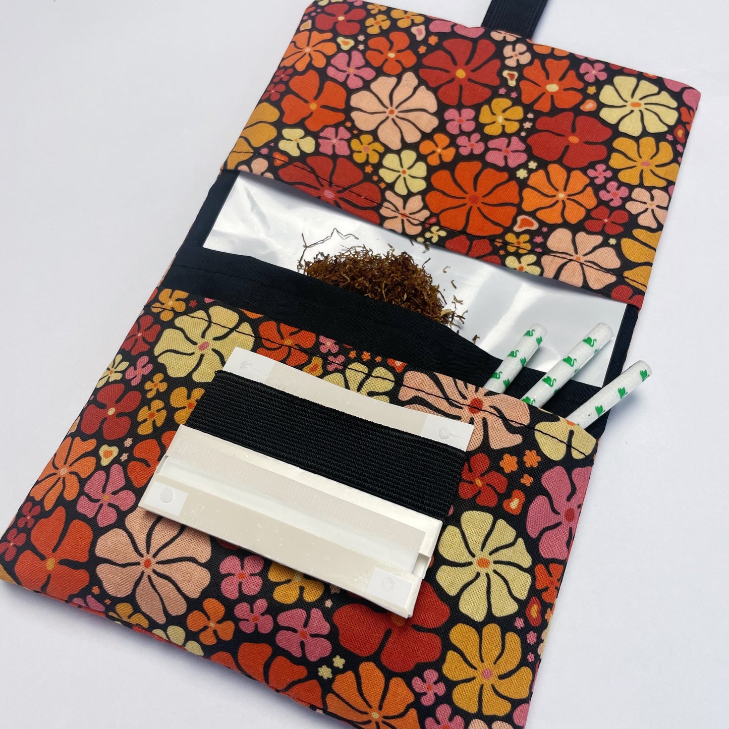 Handmade Tobacco Pouch | Black Floral Print Rolling Tobacco Storage Cover