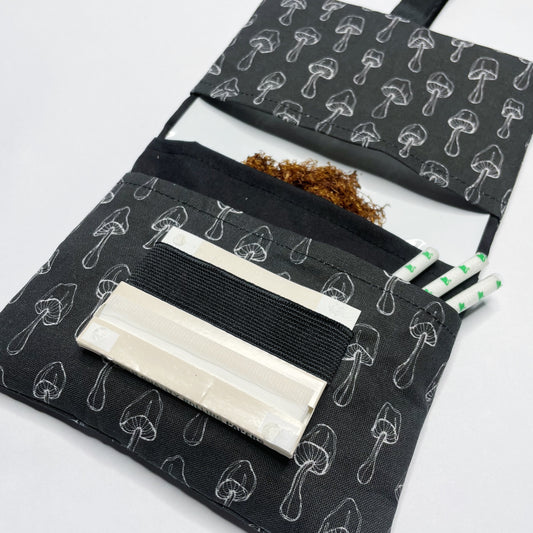 Handmade Tobacco Pouch | Black Mushroom Print Tobacco Storage Holder