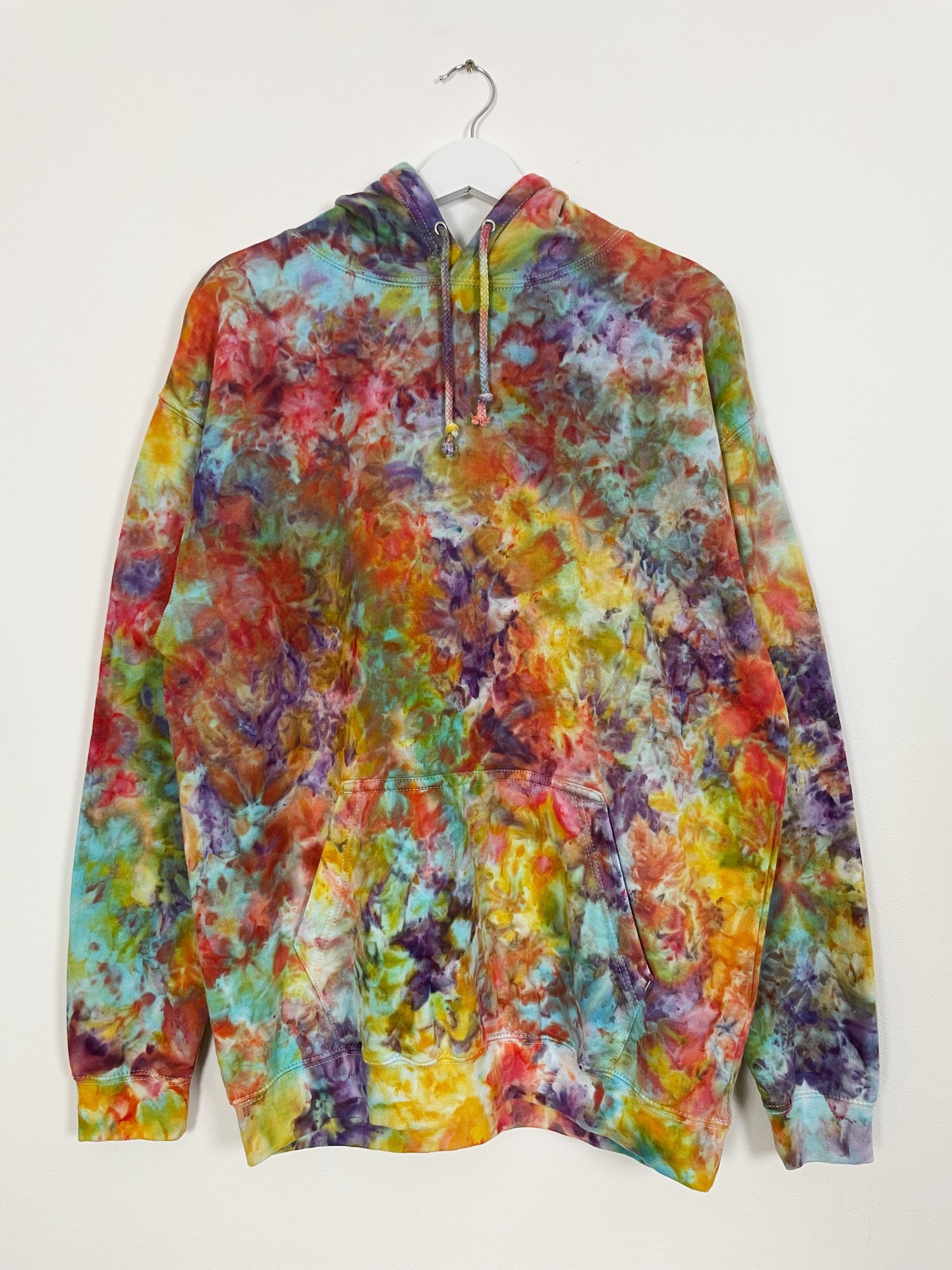 L | Ice Dye Rainbow Pink Multicolour Hand Dyed Pullover Hoodie