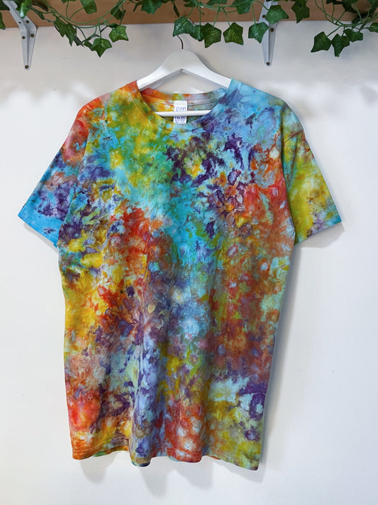 L | Ice Dye Rainbow Multicolour Hand Dyed Ice Tie Dye T-Shirt