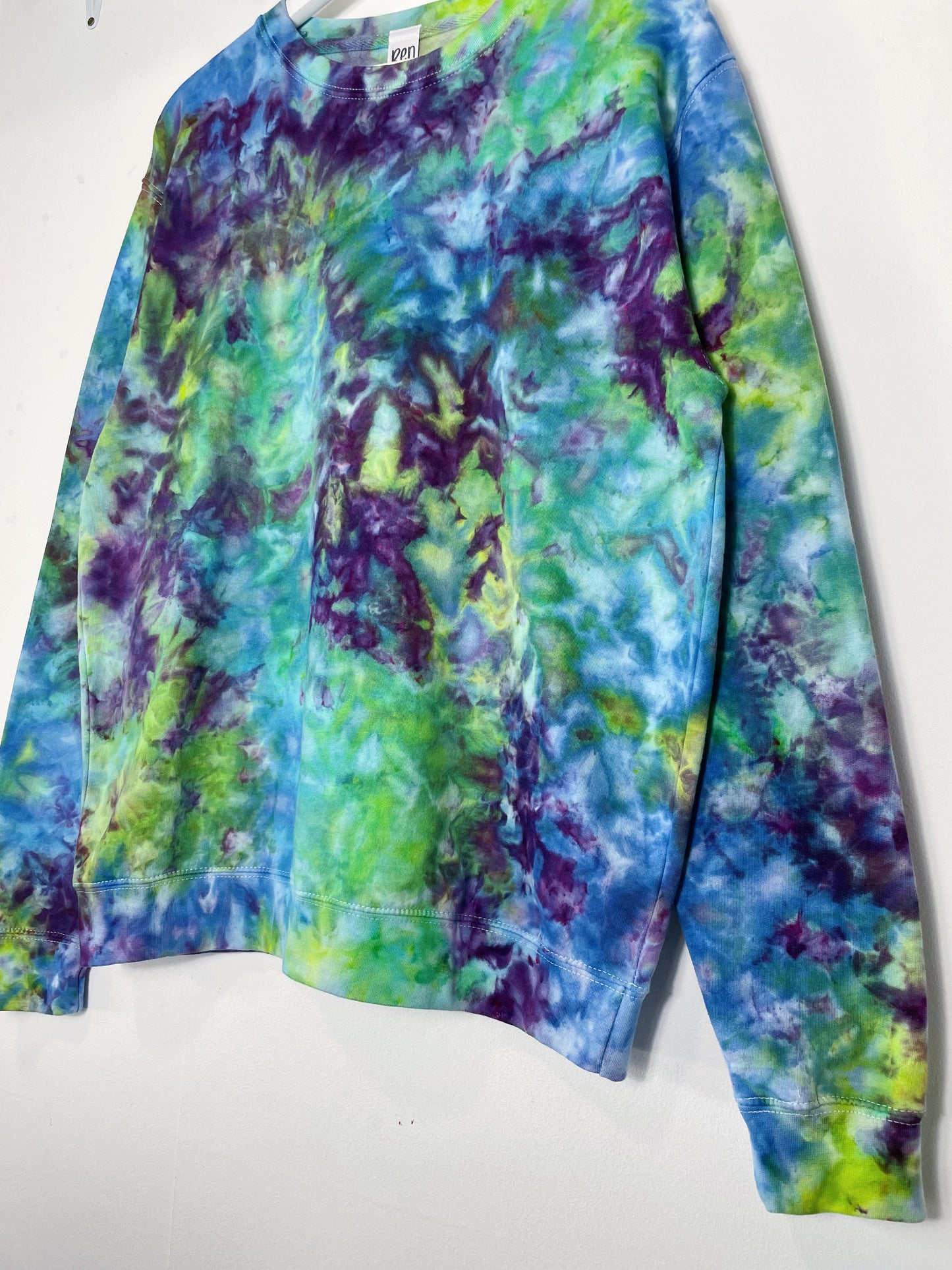 L | Ice Dye Blue, Purple Green Hand Dyed Sweatshirt