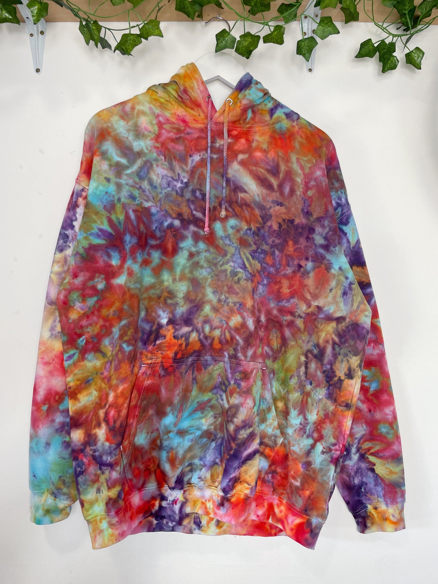 XL | Ice Dye Rainbow Pink Multicolour Hand Dyed Pullover Hoodie