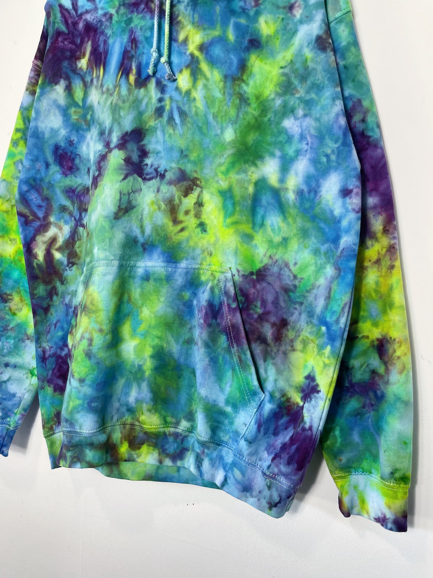 L | Ice Dye Hand Dyed Blue, Purple, Green Pullover Hoodie