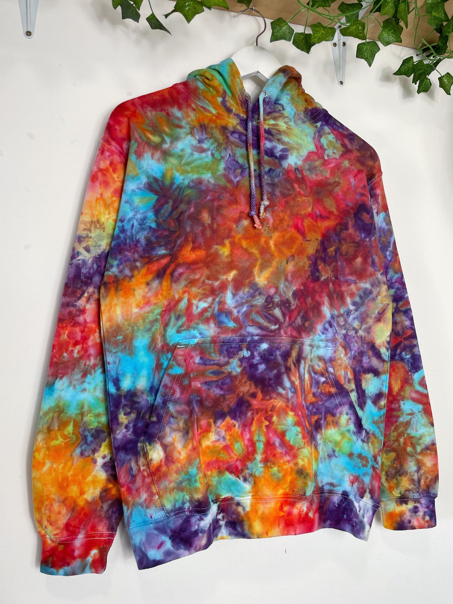 S | Ice Dye Rainbow Pink Multicolour Hand Dyed Pullover Hoodie