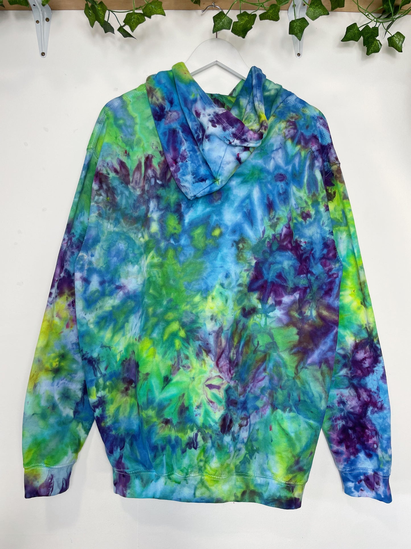 L | Ice Dye Hand Dyed Blue, Purple, Green Pullover Hoodie