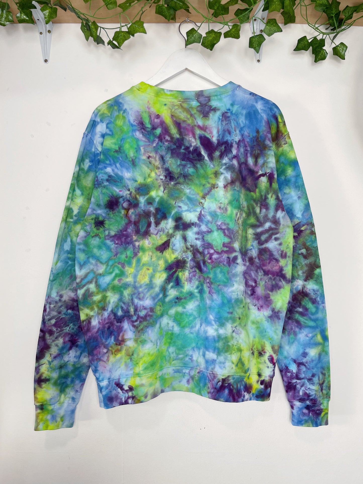 L | Ice Dye Blue, Purple Green Hand Dyed Sweatshirt