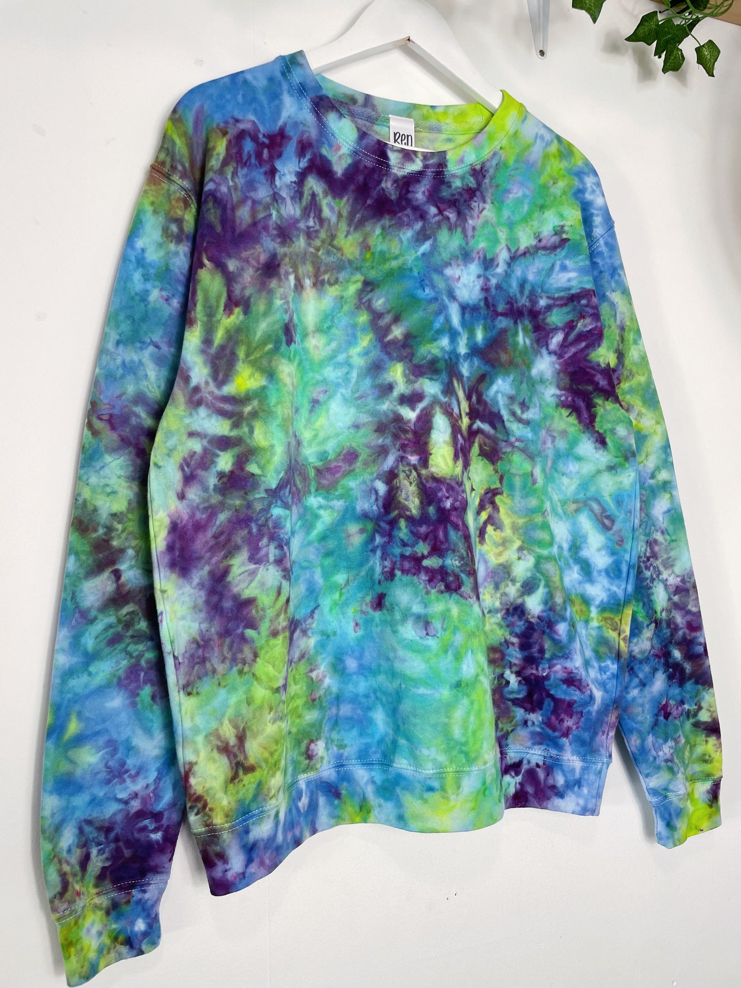 L | Ice Dye Blue, Purple Green Hand Dyed Sweatshirt