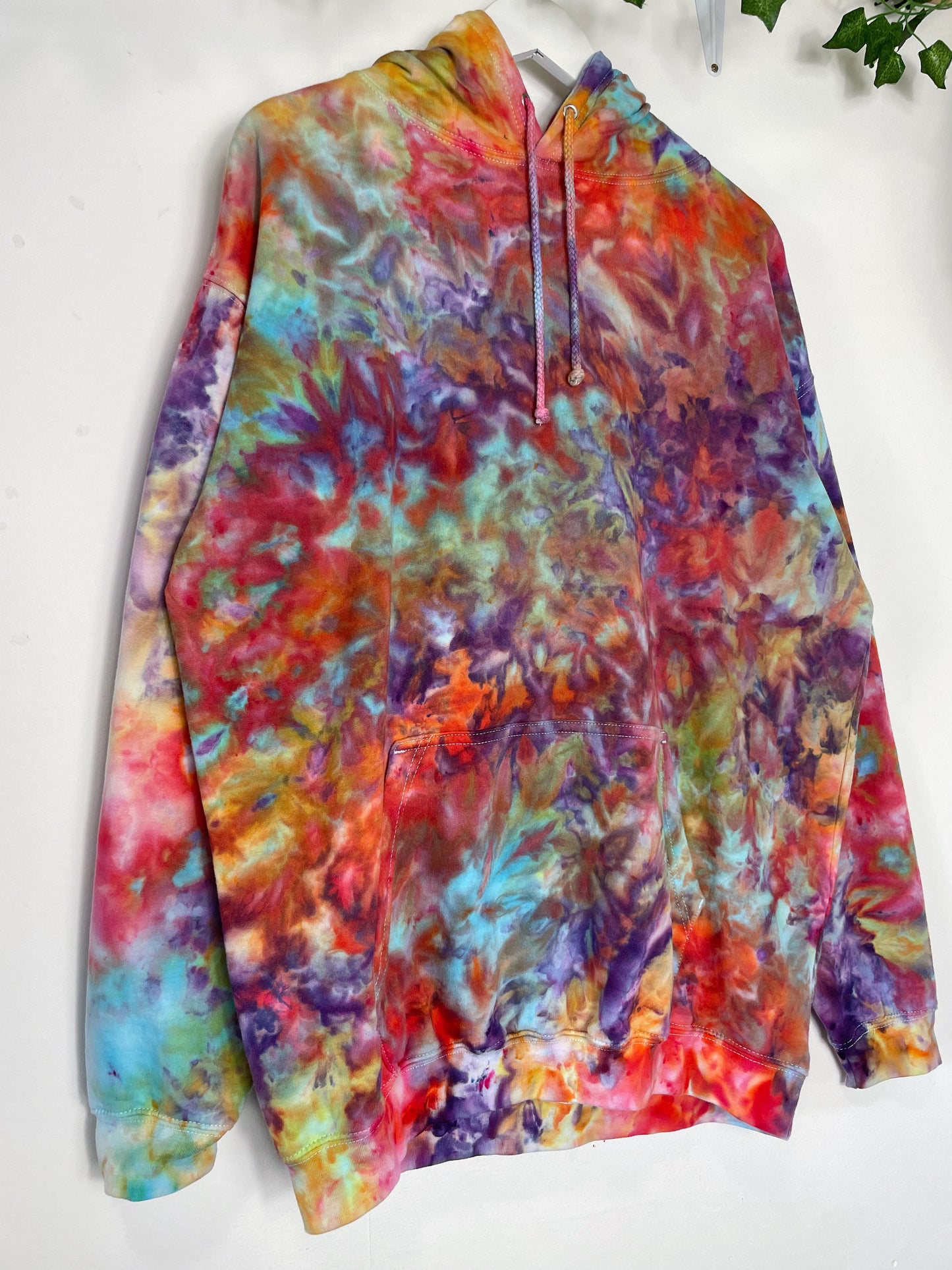 XL | Ice Dye Rainbow Pink Multicolour Hand Dyed Pullover Hoodie