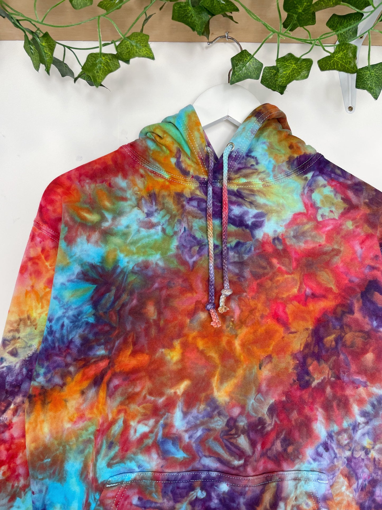 S | Ice Dye Rainbow Pink Multicolour Hand Dyed Pullover Hoodie