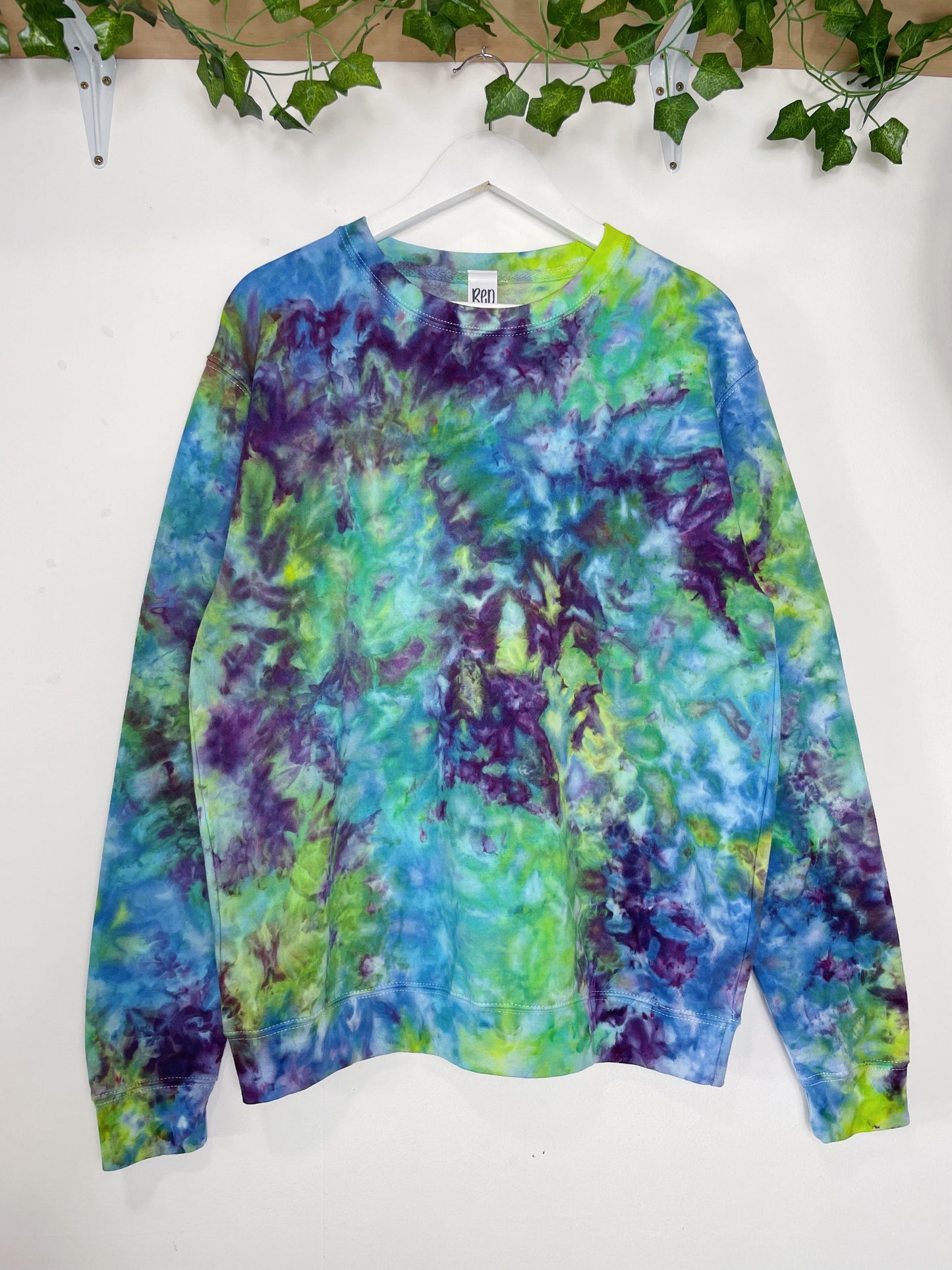 L | Ice Dye Blue, Purple Green Hand Dyed Sweatshirt