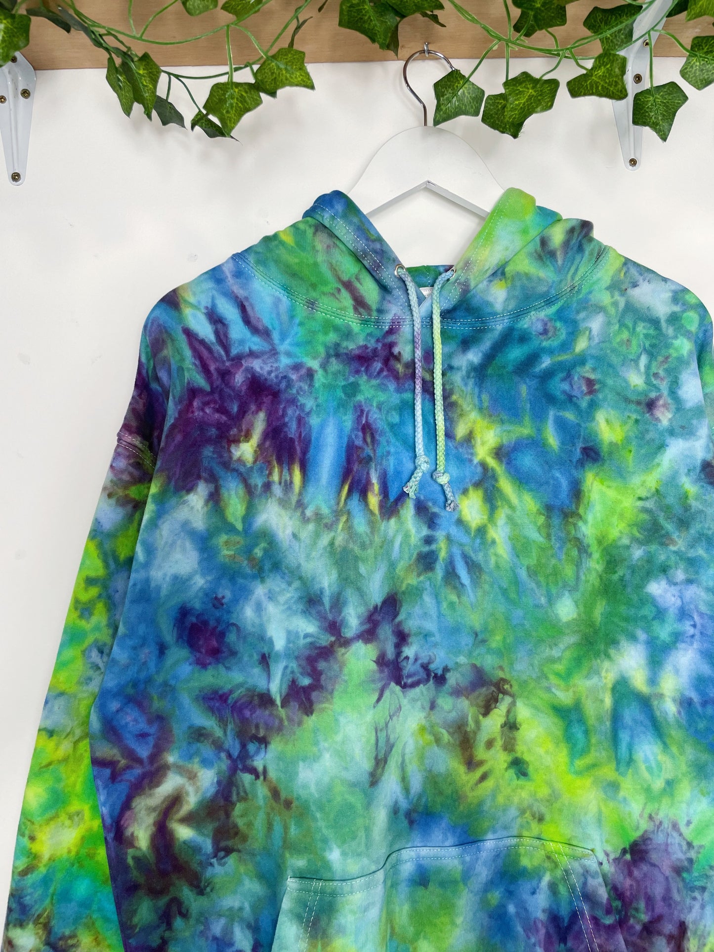 L | Ice Dye Hand Dyed Blue, Purple, Green Pullover Hoodie