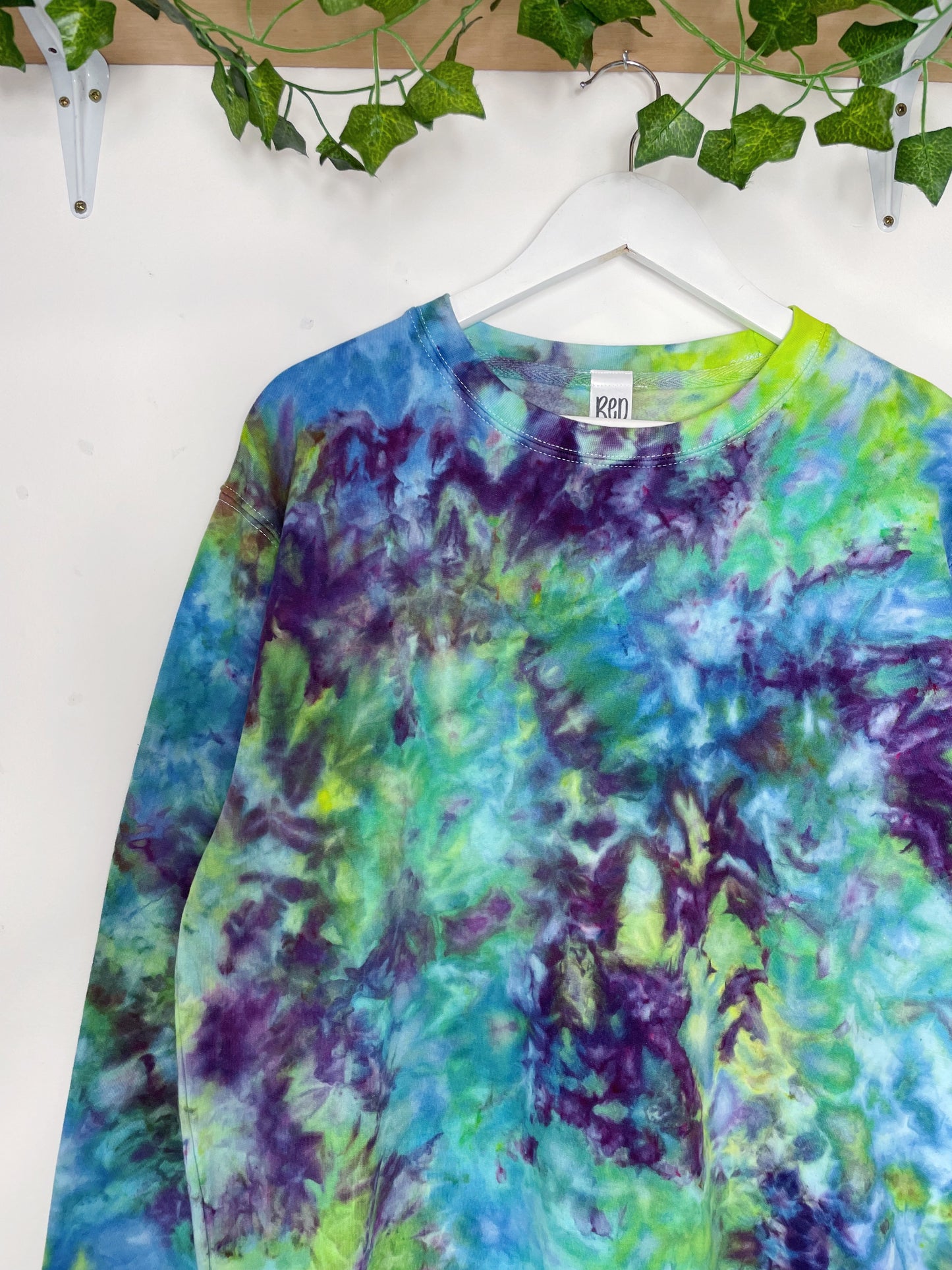 L | Ice Dye Blue, Purple Green Hand Dyed Sweatshirt