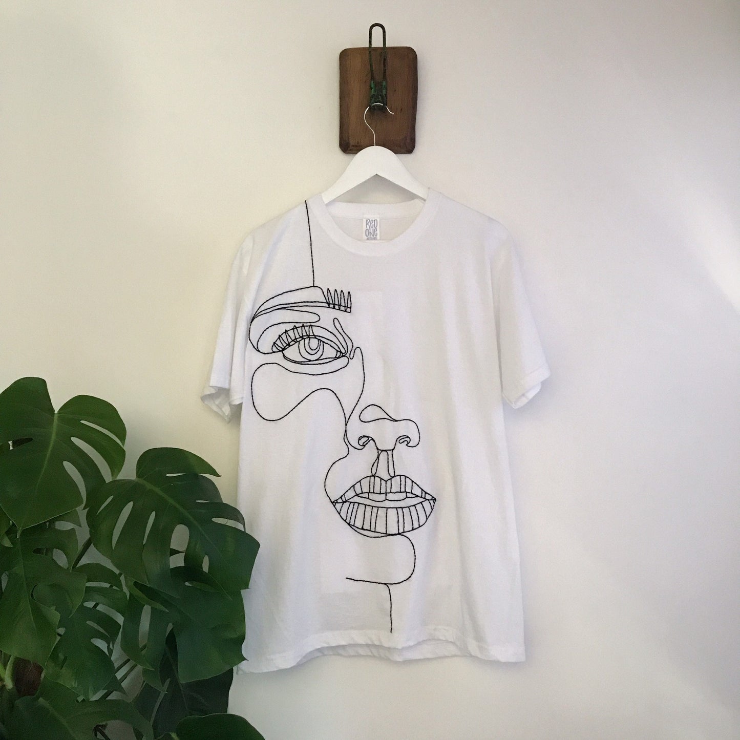 Hand Embroidered Abstract Face Line Art T-Shirt