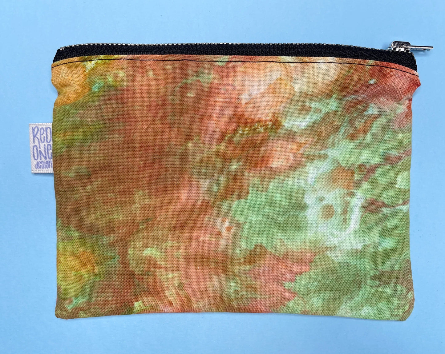 Handmade Ice Dye Zip Pouch | Orange and Green Pencil Case | Ice Dyed Make-up Pouch