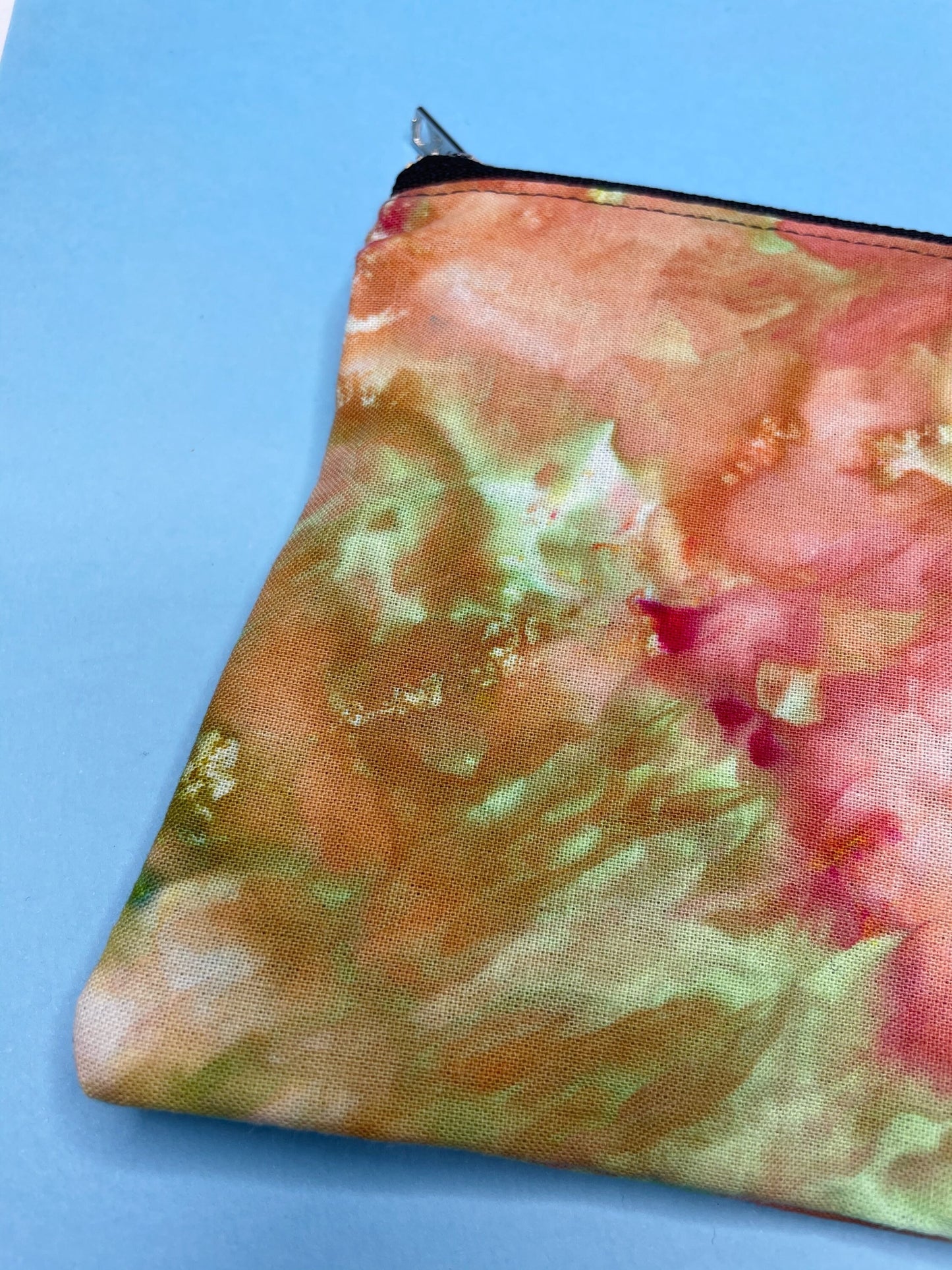 Handmade Ice Dye Zip Pouch | Orange and Green Pencil Case | Ice Dyed Make-up Pouch