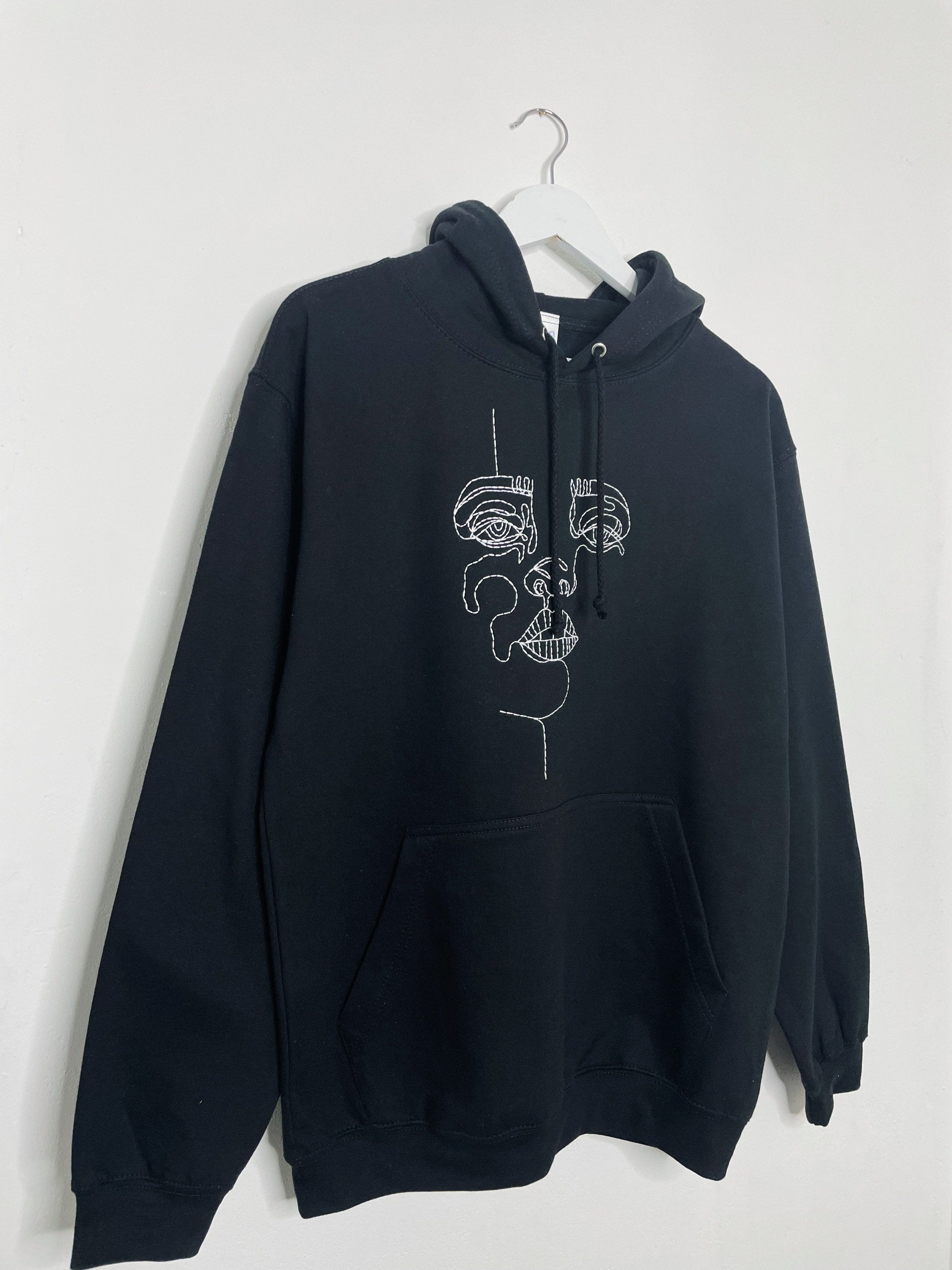 Hand Embroidered Abstract Face Pullover Hoodie