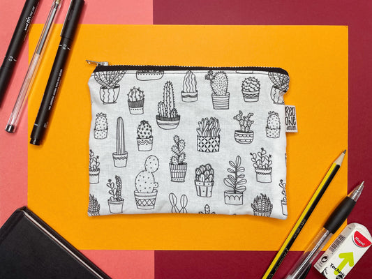 White Cacti Handmade Zip Pouch | Cactus Lineart Pencil Case